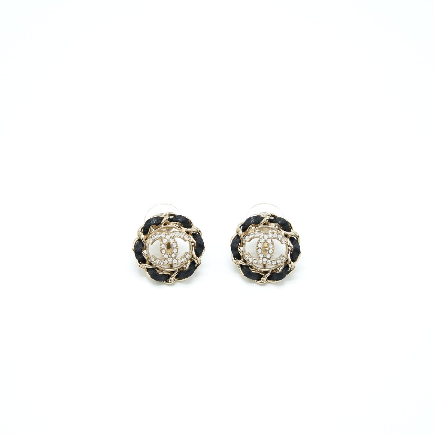 Chanel CC Logo With Leather Chain Round Ear Clip Black/ Light Gold Tone