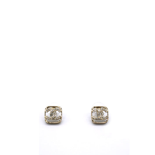 Chanel Gold And Crystal CC Square Logo Earrings