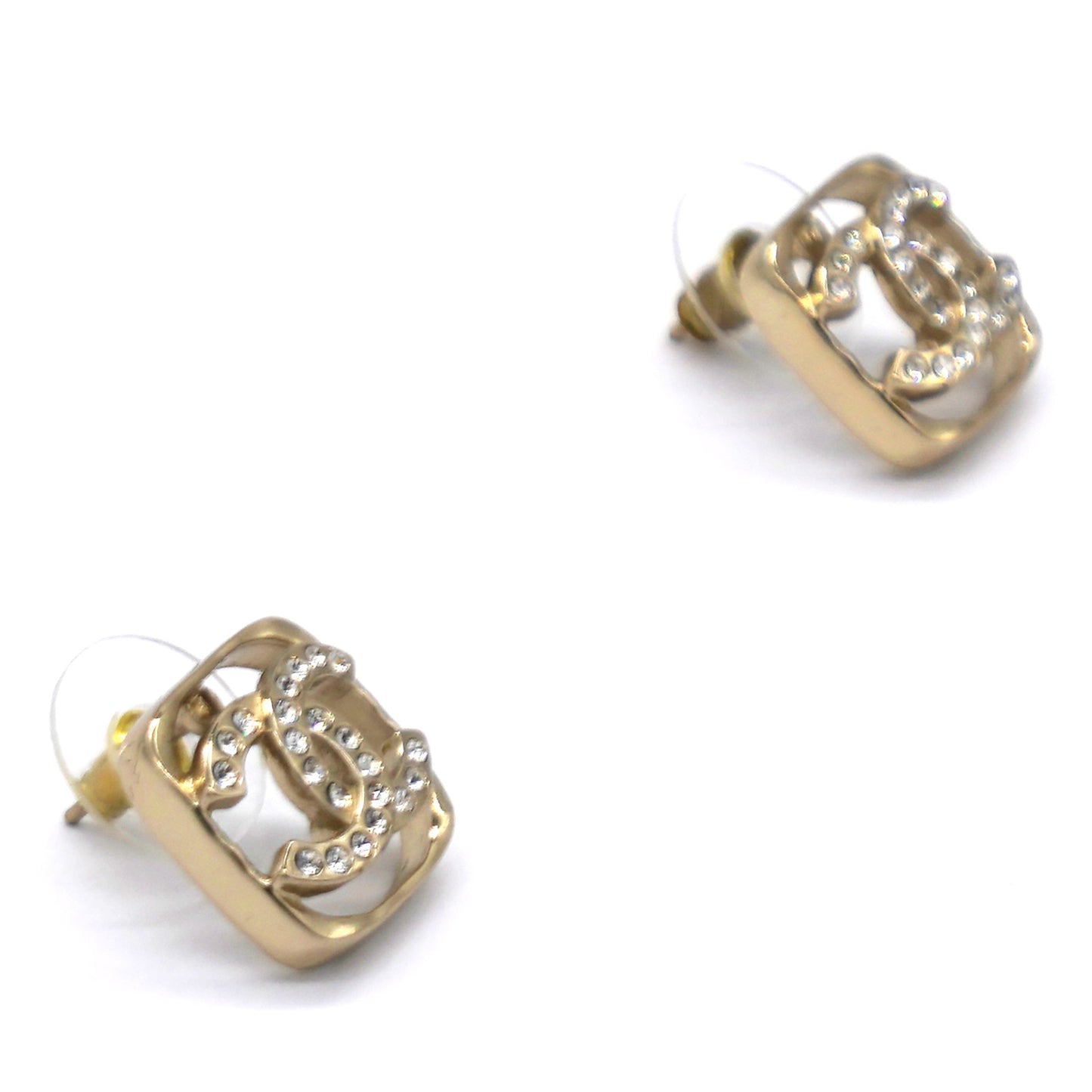 Chanel Gold And Crystal CC Square Logo Earrings