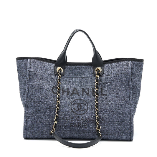Chanel Deauville Tote Bag Tweed Dark Grey / Black LGHW (Microchip)