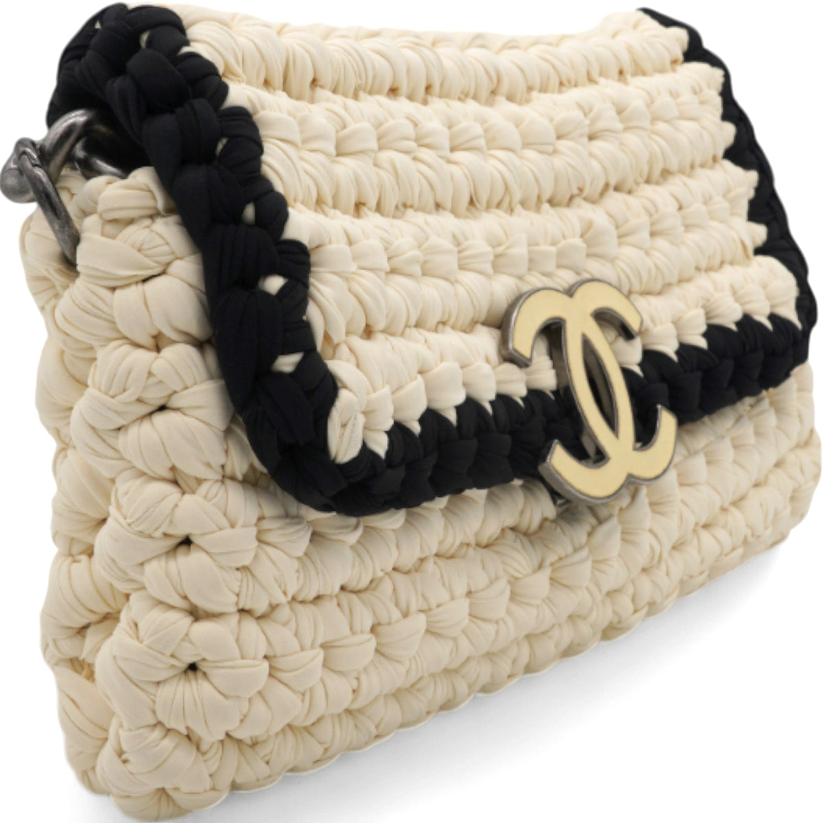 Chanel Woven Fabric Single Flap Ivory Black