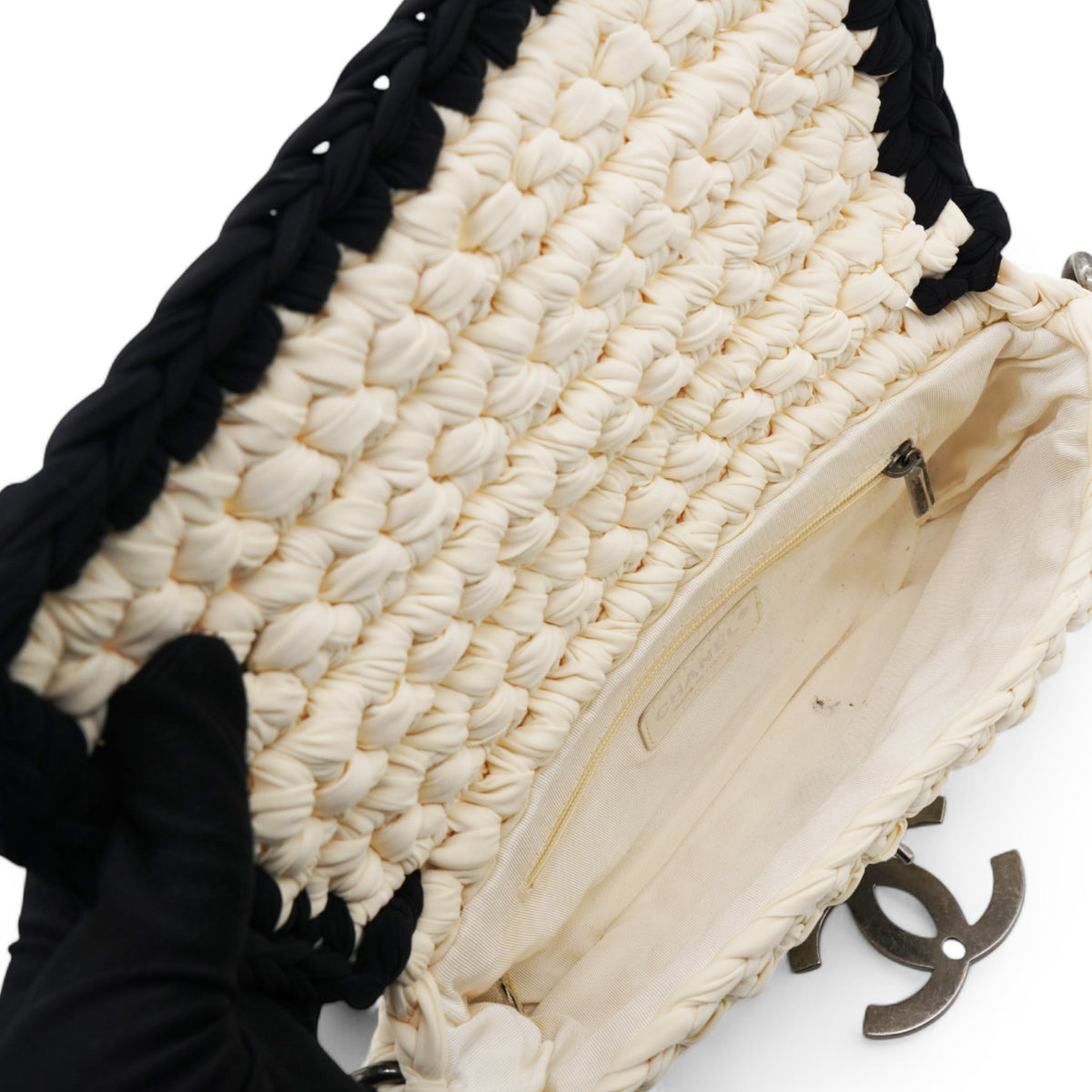 Chanel Woven Fabric Single Flap Ivory Black