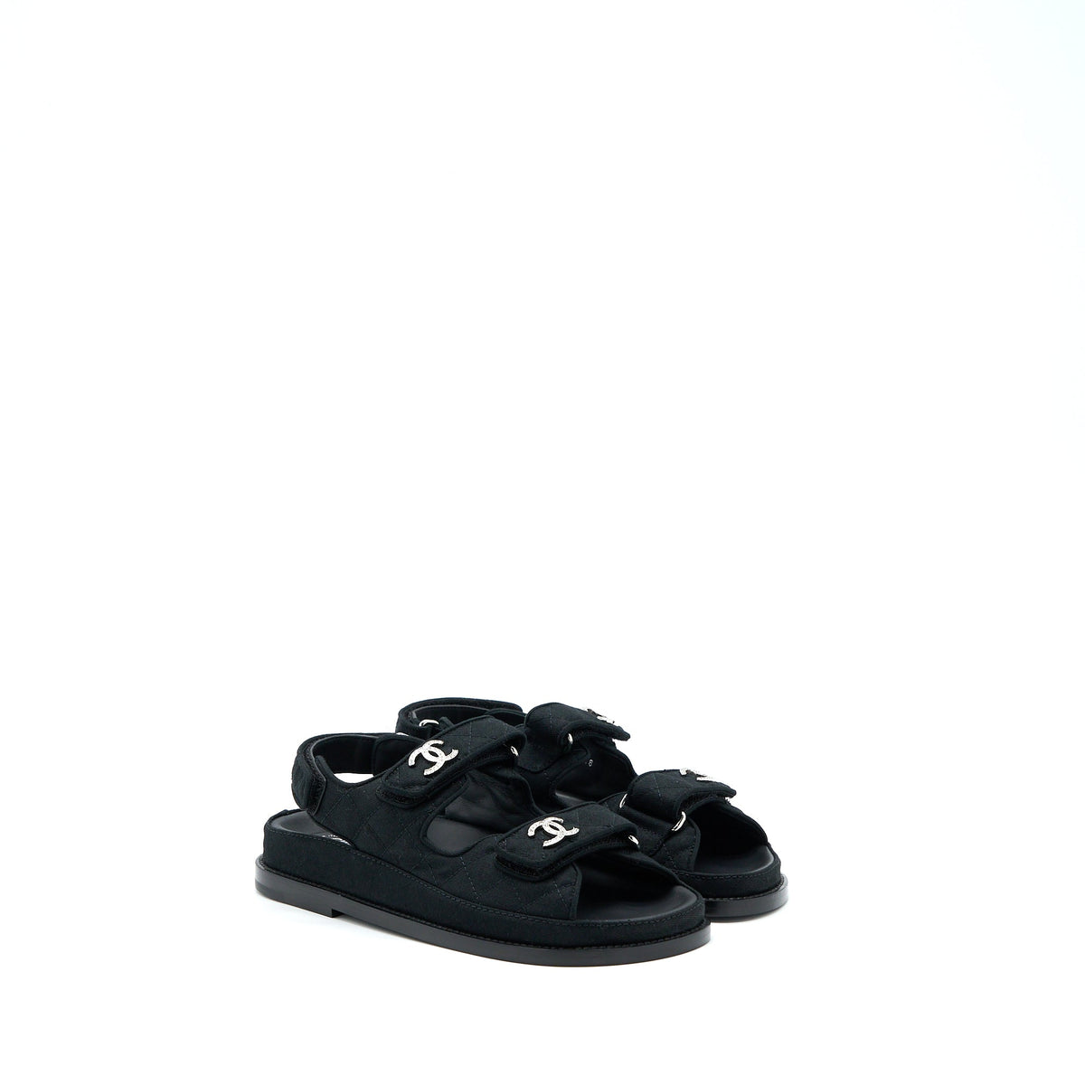 Chanel Size 36 Dad Sandals Crystal Logo Fabric Black