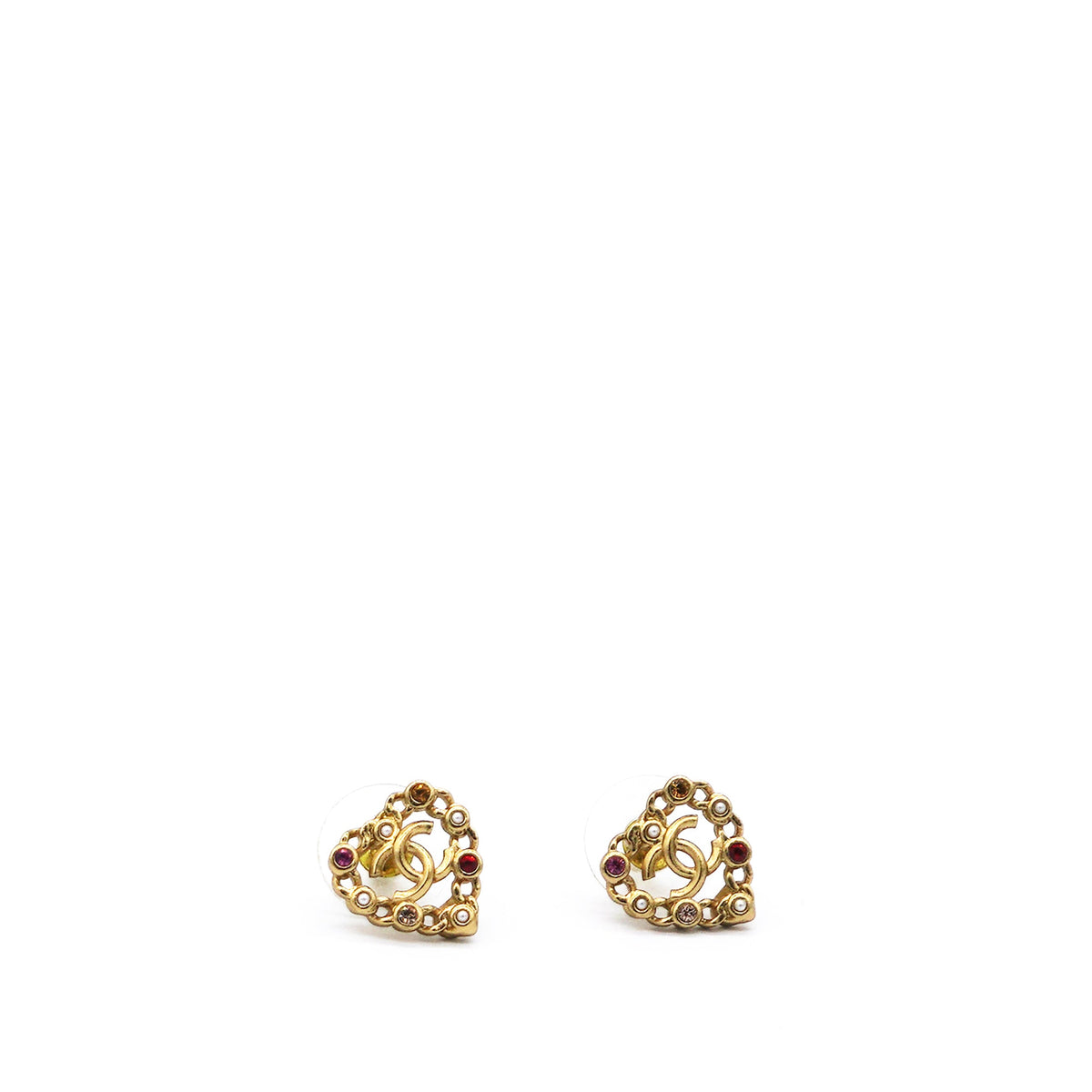 Chanel Pearl Crystal CC Heart Earrings Gold Multicolor