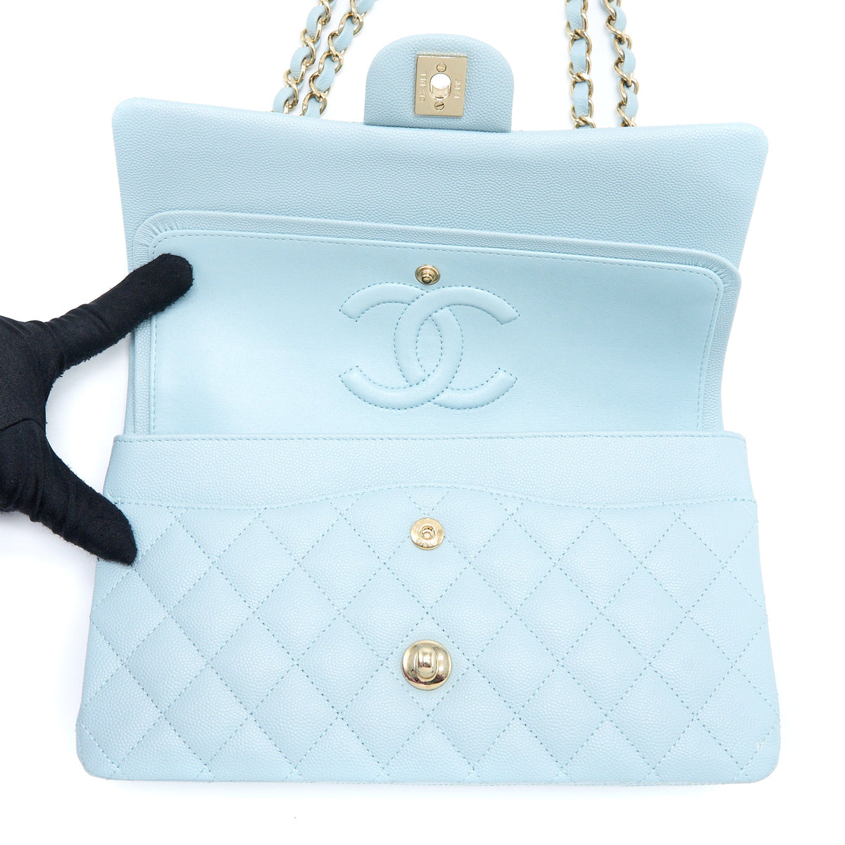 Chanel Medium Classic Double Flap Bag Caviar Light Blue LGHW (Microchip)
