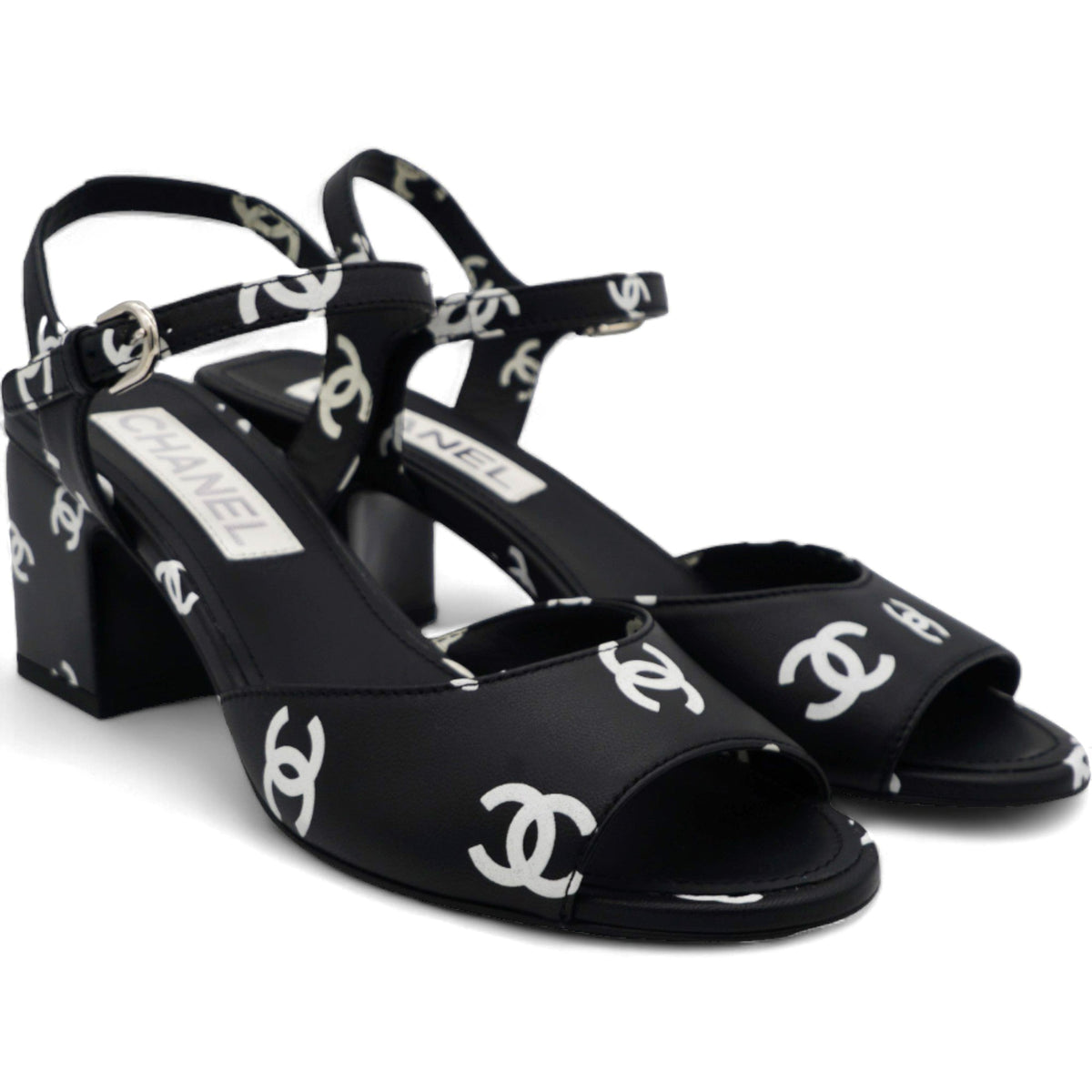 Chanel Printed Lambskin CC Sandals Black White Size 37
