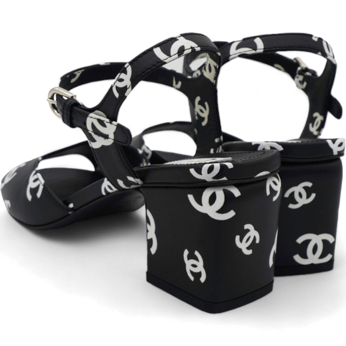Chanel Printed Lambskin CC Sandals Black White Size 37