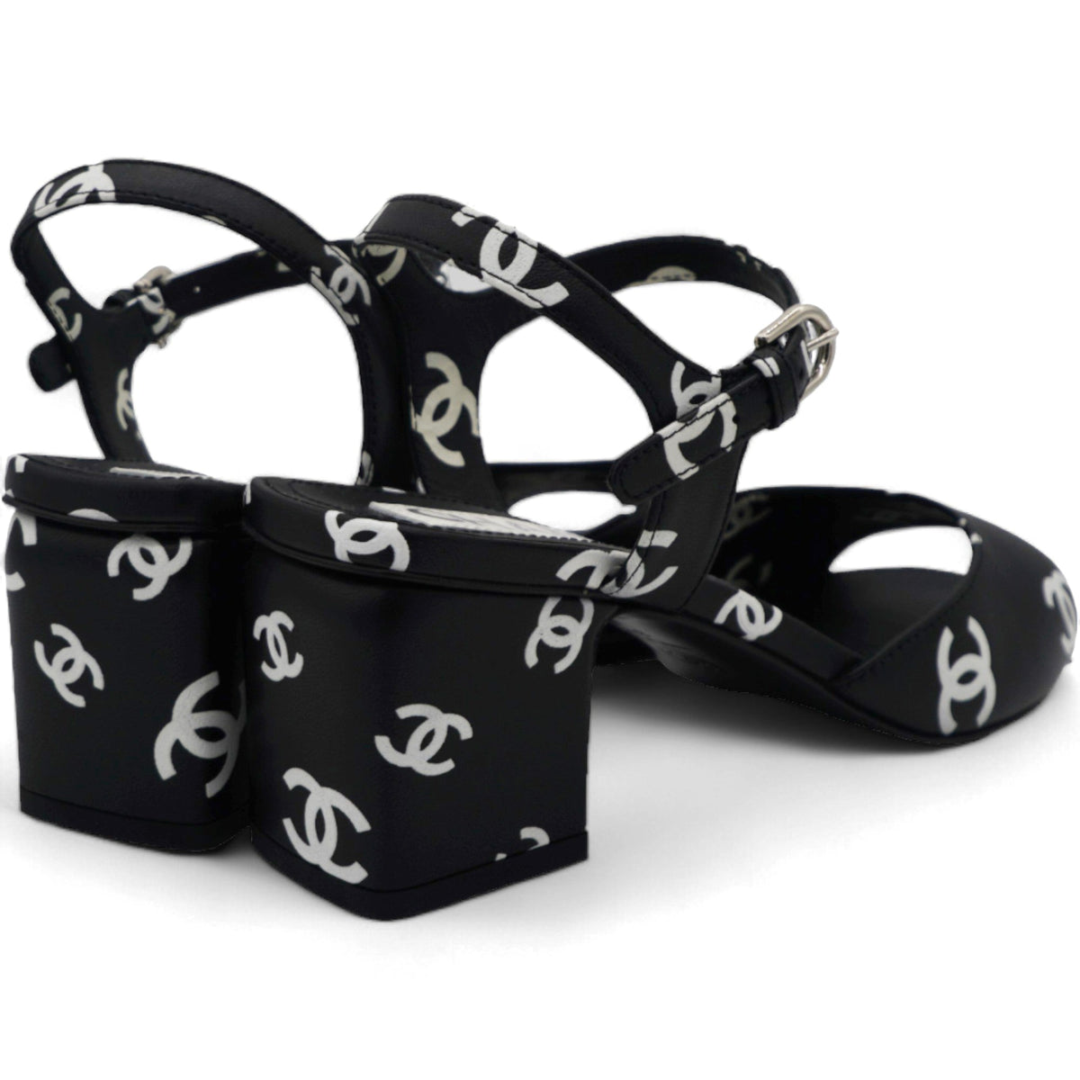 Chanel Printed Lambskin CC Sandals Black White Size 37