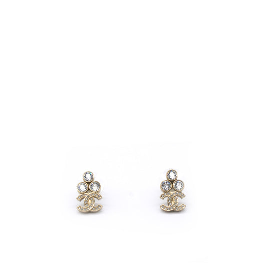 Chanel Gold 3 Round Crystal CC Small Piercing Earrings