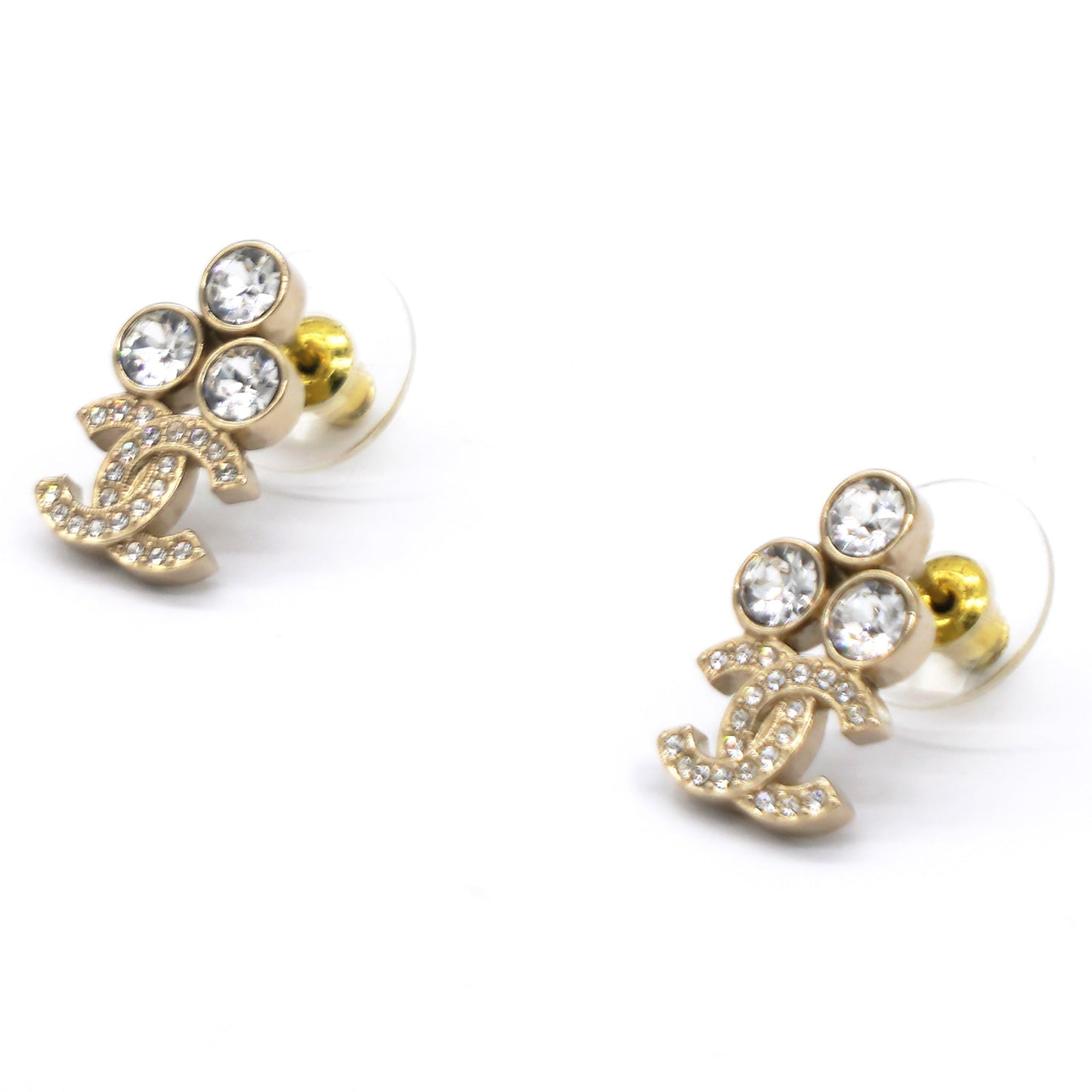 Chanel Gold 3 Round Crystal CC Small Piercing Earrings