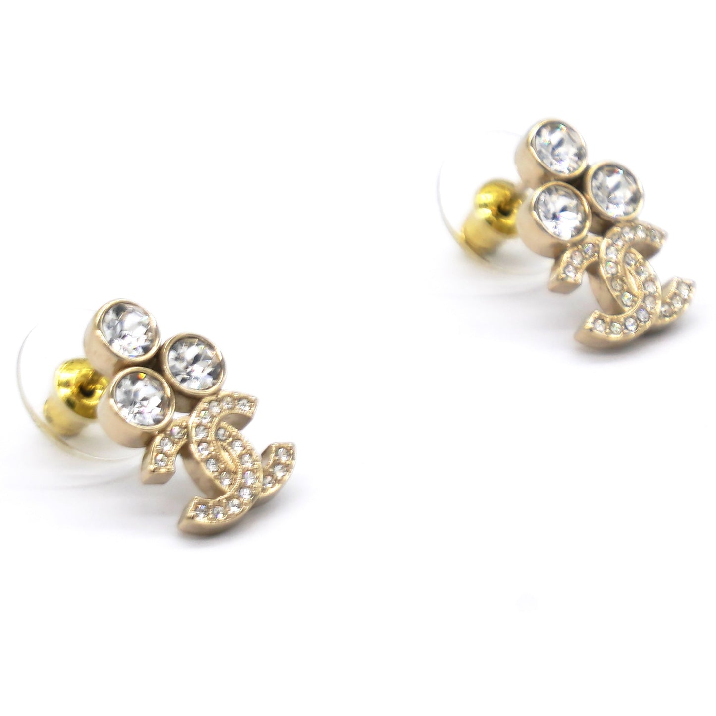 Chanel Gold 3 Round Crystal CC Small Piercing Earrings