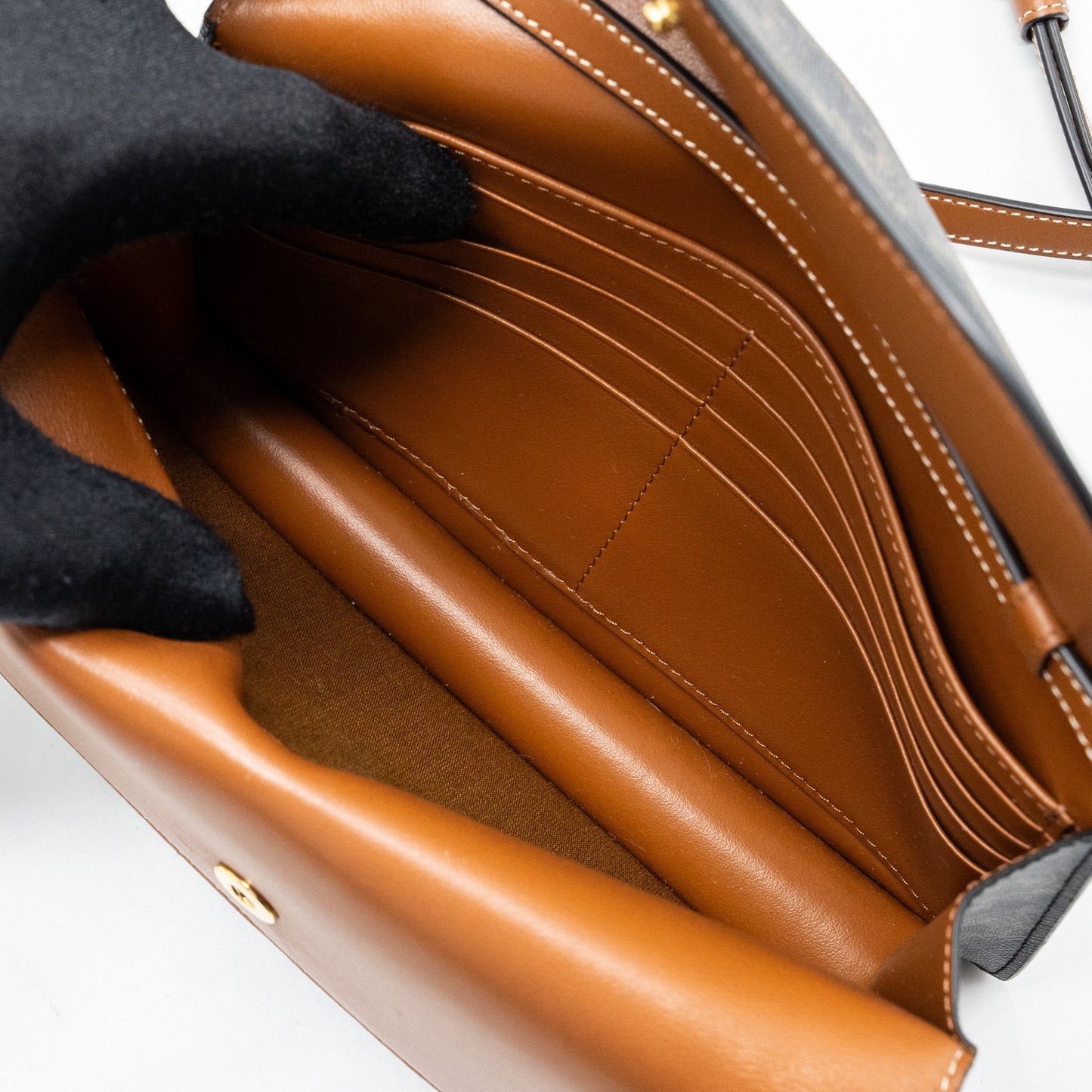 Celine Wallet On Strap Triomphe Canvas/ Lambskin Tan GHW