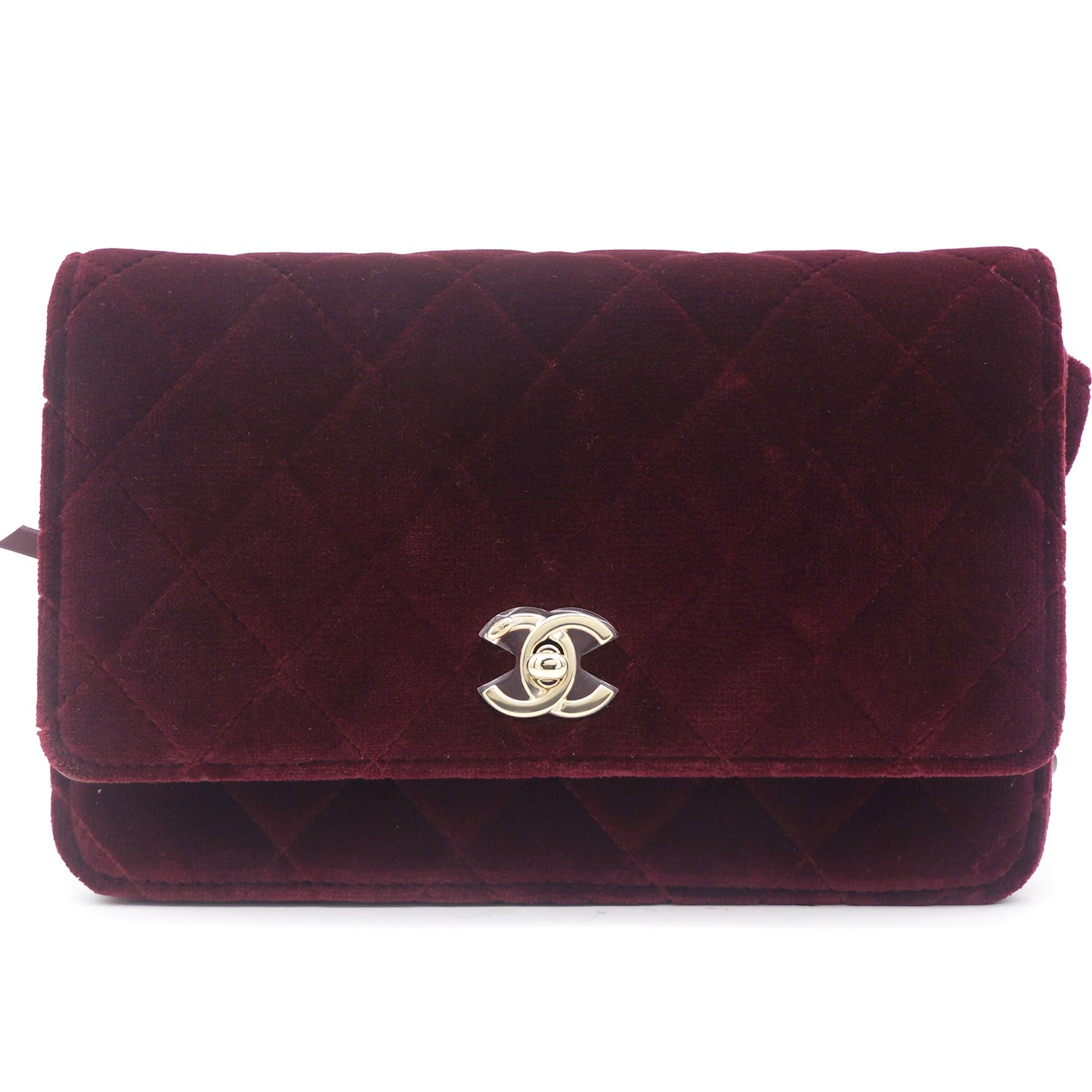 Chanel Velvet Quilted Pearl Crush Wallet On Chain WOC Burgundy