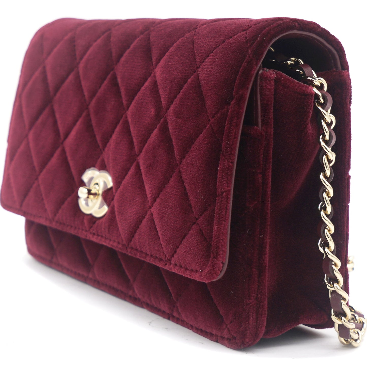 Chanel Velvet Quilted Pearl Crush Wallet On Chain WOC Burgundy