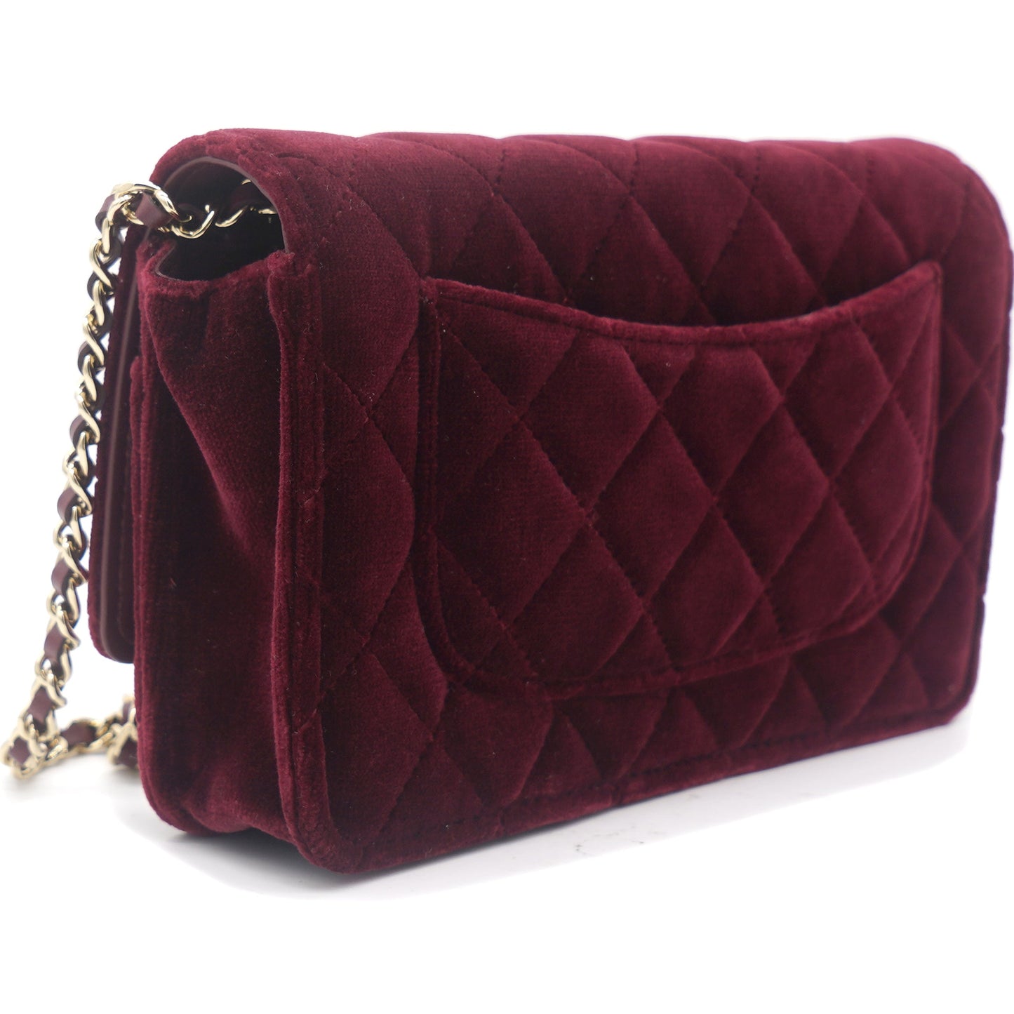 Chanel Velvet Quilted Pearl Crush Wallet On Chain WOC Burgundy