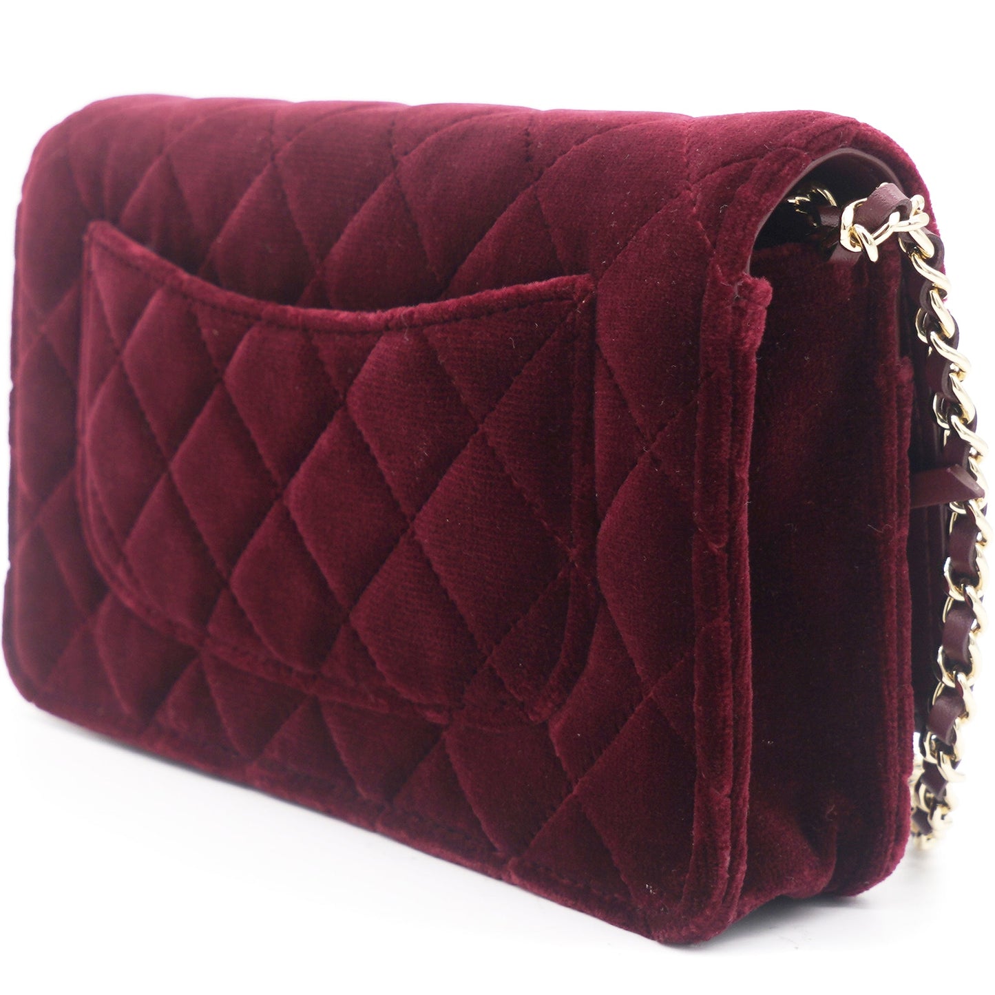 Chanel Velvet Quilted Pearl Crush Wallet On Chain WOC Burgundy