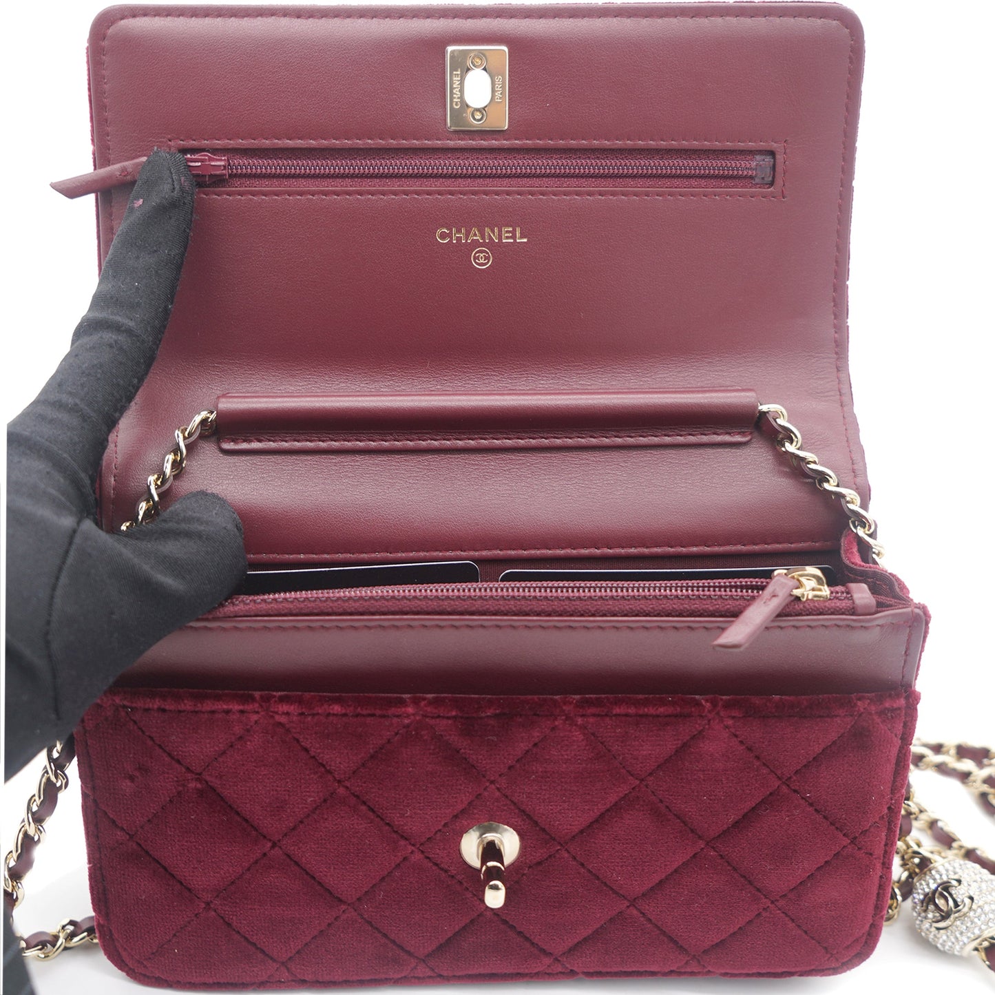 Chanel Velvet Quilted Pearl Crush Wallet On Chain WOC Burgundy