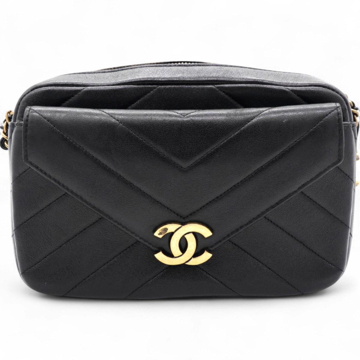 Chanel Lambskin Chevron Quilted Coco Envelope Flap Camera Case Black