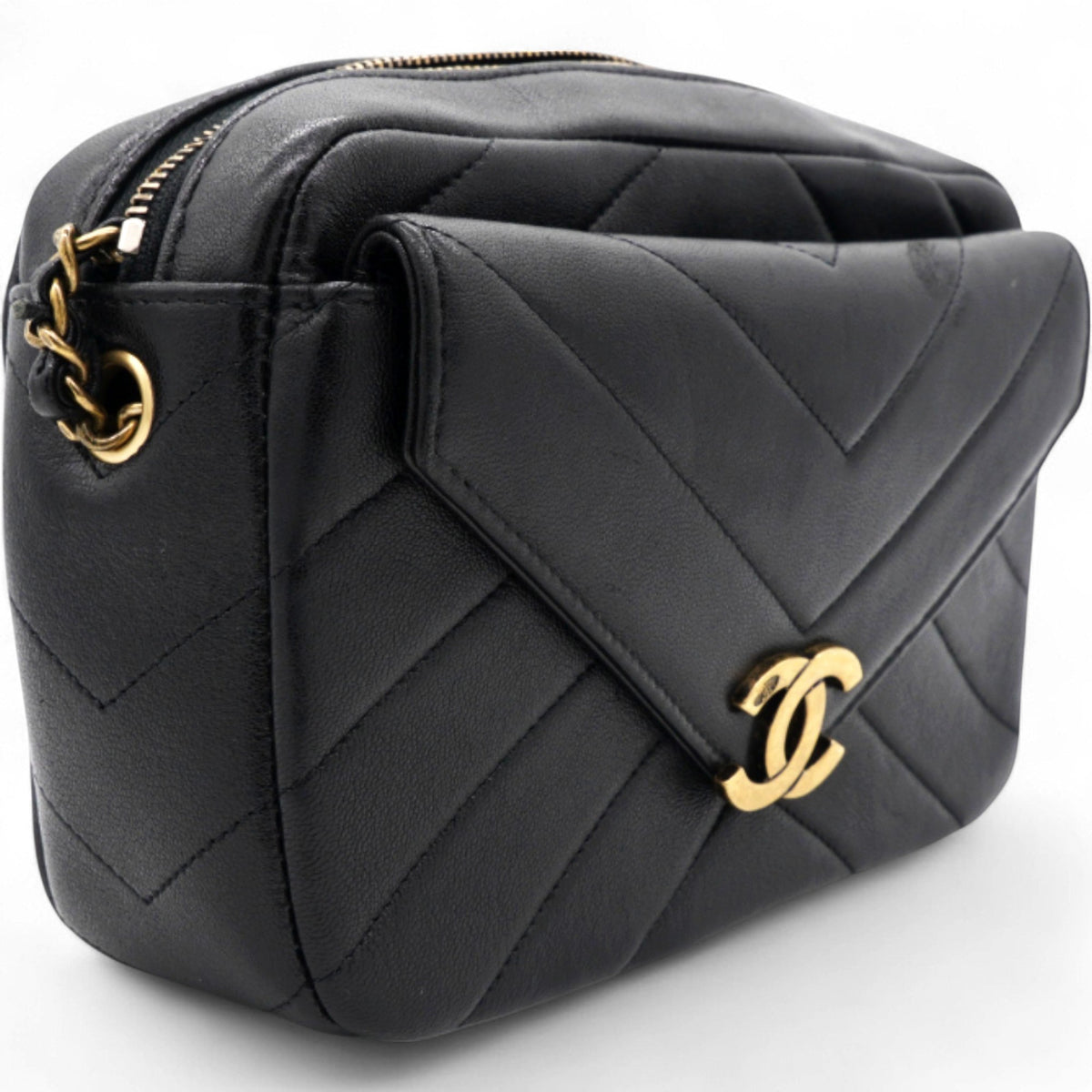 Chanel Lambskin Chevron Quilted Coco Envelope Flap Camera Case Black