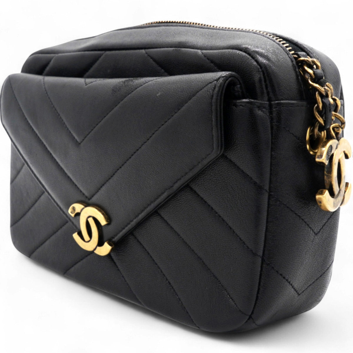 Chanel Lambskin Chevron Quilted Coco Envelope Flap Camera Case Black