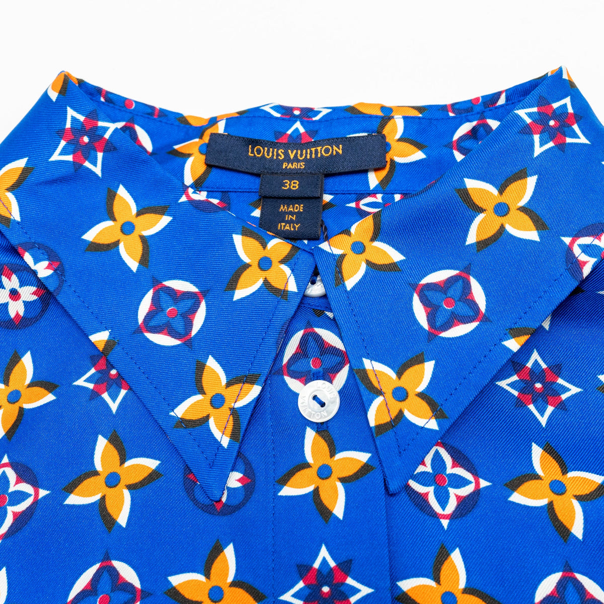 Louis Vuitton Size 38 Monogram Button Down Blouse/Shirt Silk Blue/Multicolour