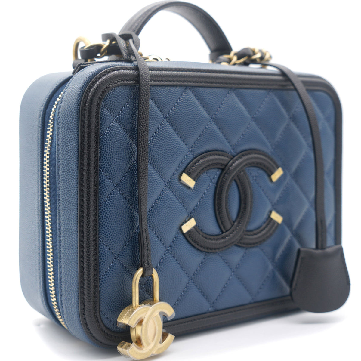 Chanel Navy/Black Quilted Caviar Leather Medium CC Filigree Vanity Case Bag