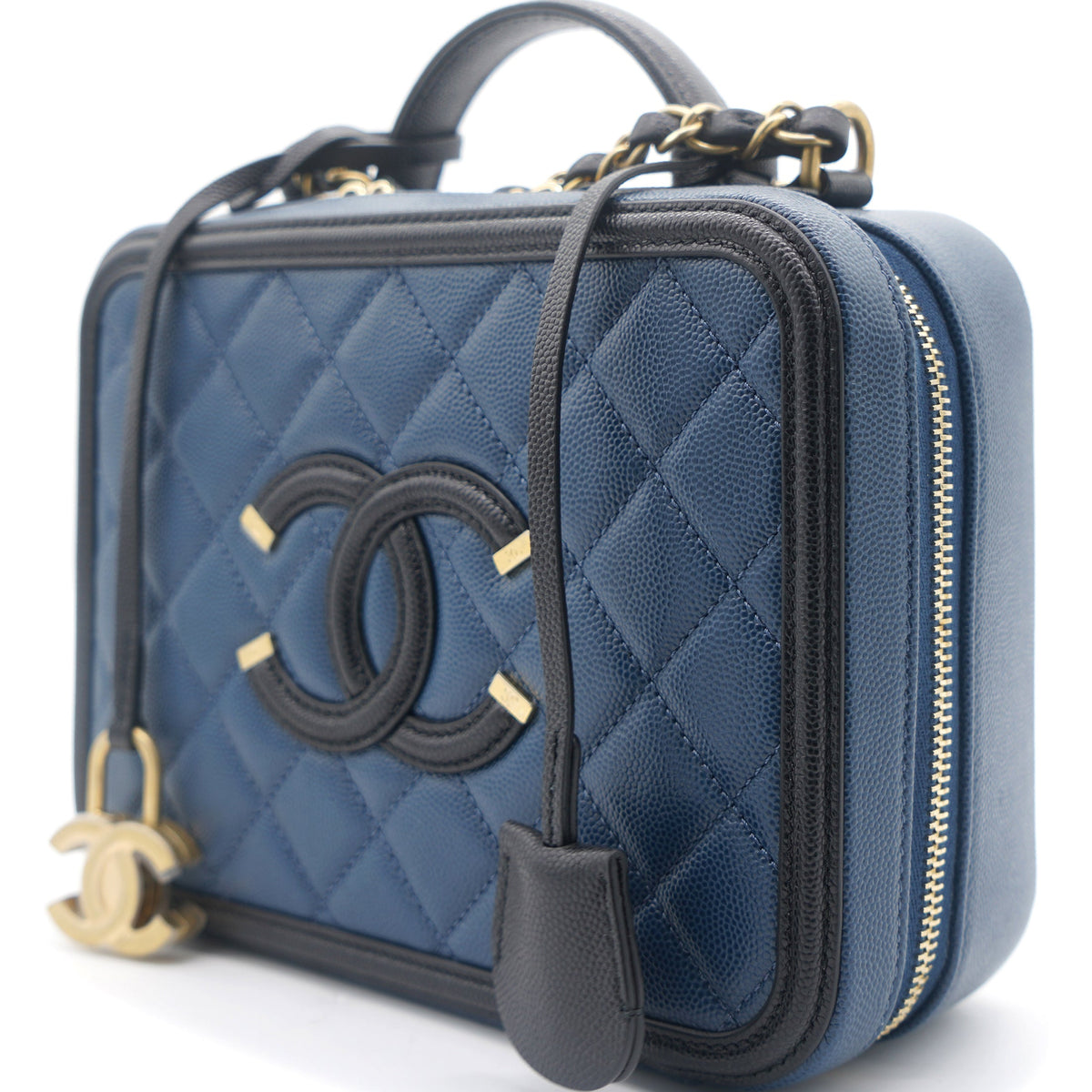 Chanel Navy/Black Quilted Caviar Leather Medium CC Filigree Vanity Case Bag