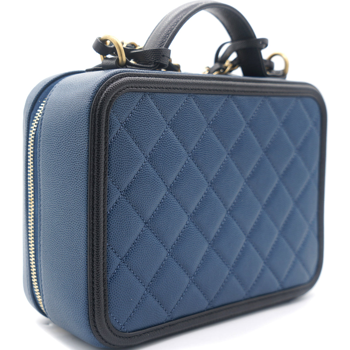 Chanel Navy/Black Quilted Caviar Leather Medium CC Filigree Vanity Case Bag