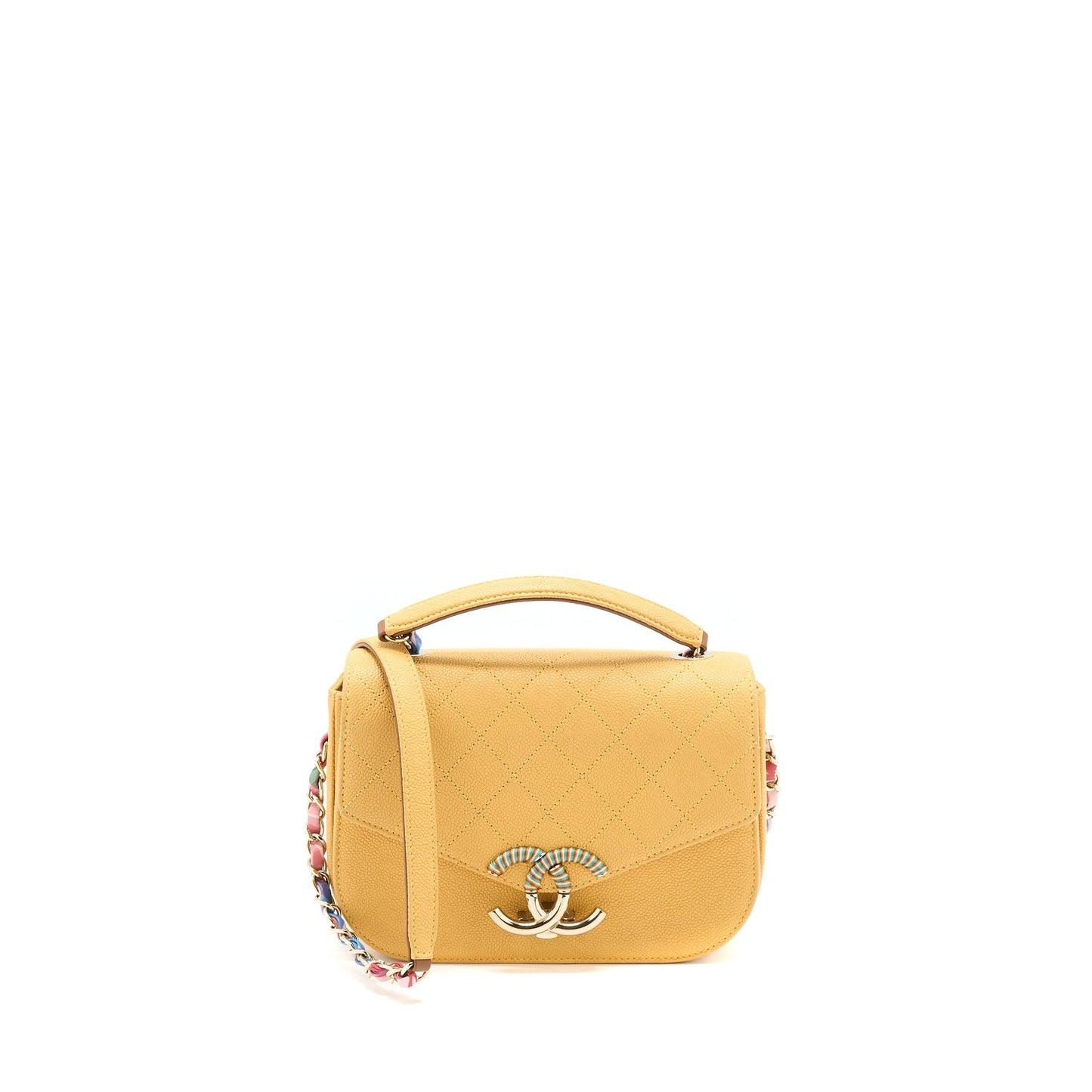 Chanel Giant CC Logo Messenger Flap Bag Caviar Yellow LGHW