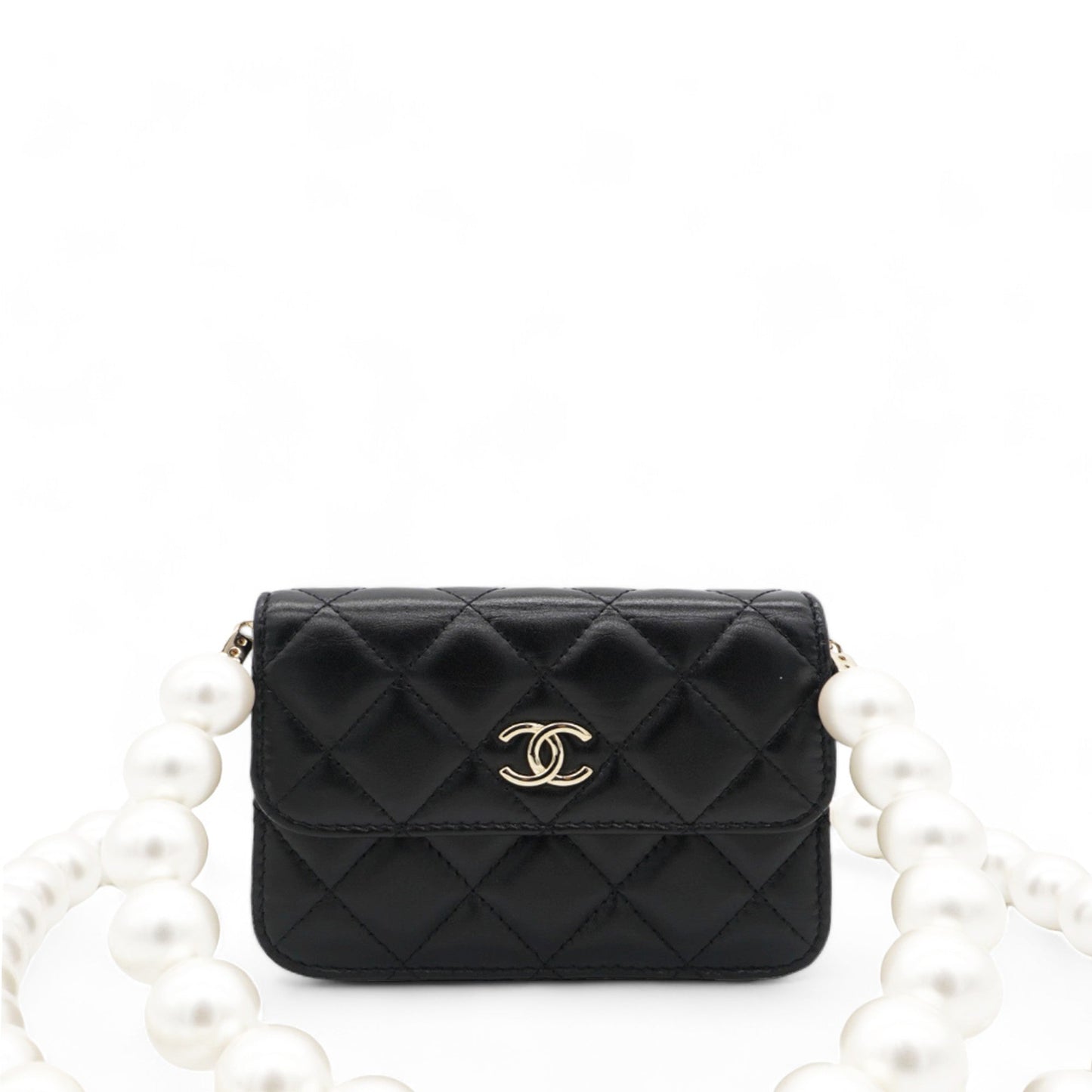 Chanel Calfskin Quilted Maxi Pearls Card Holder Flap With Chain Black