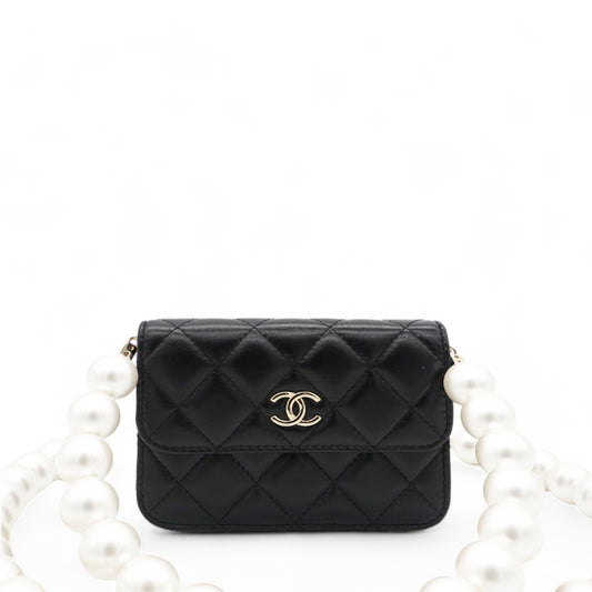 Chanel Calfskin Quilted Maxi Pearls Card Holder Flap With Chain Black