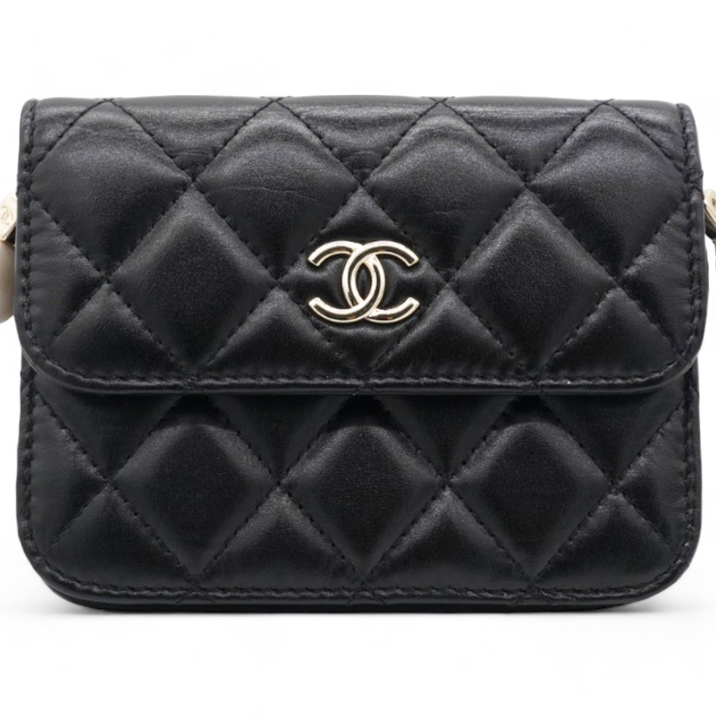 Chanel Calfskin Quilted Maxi Pearls Card Holder Flap With Chain Black