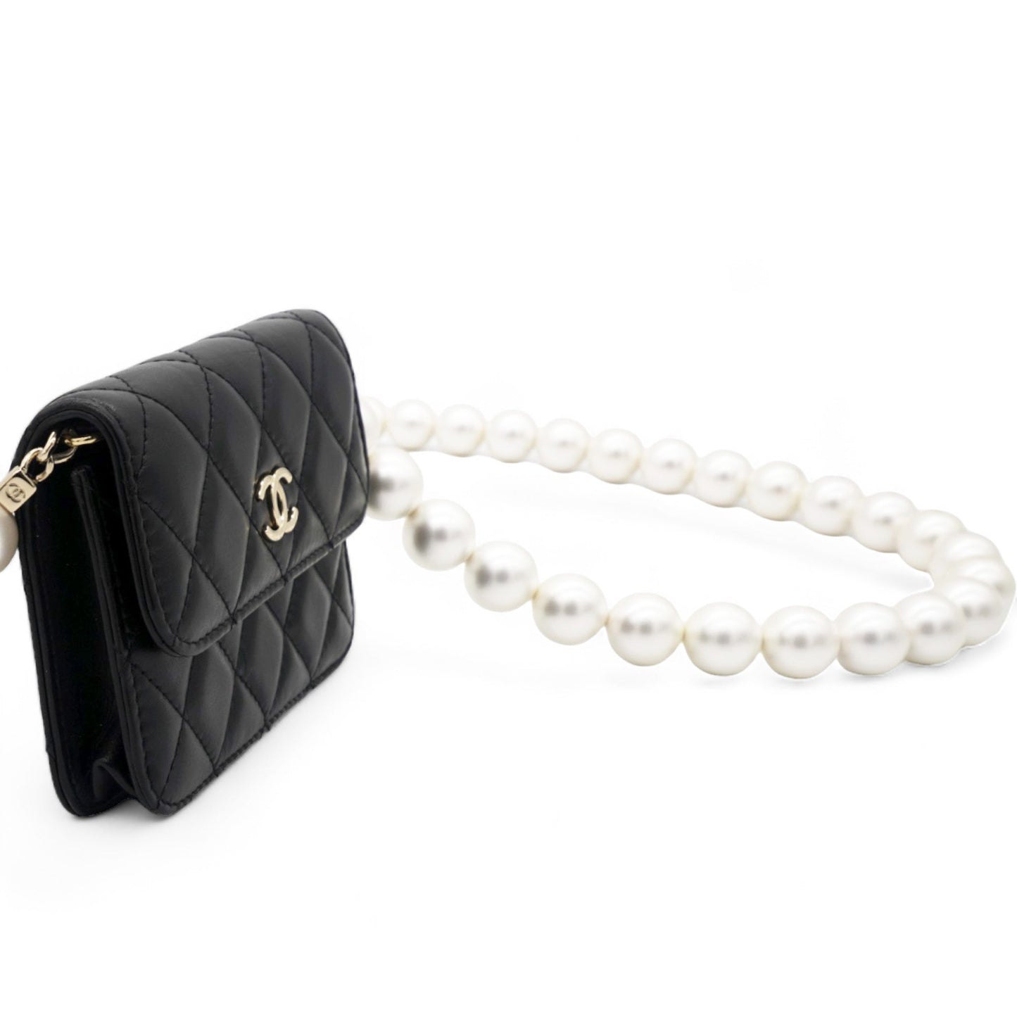 Chanel Calfskin Quilted Maxi Pearls Card Holder Flap With Chain Black