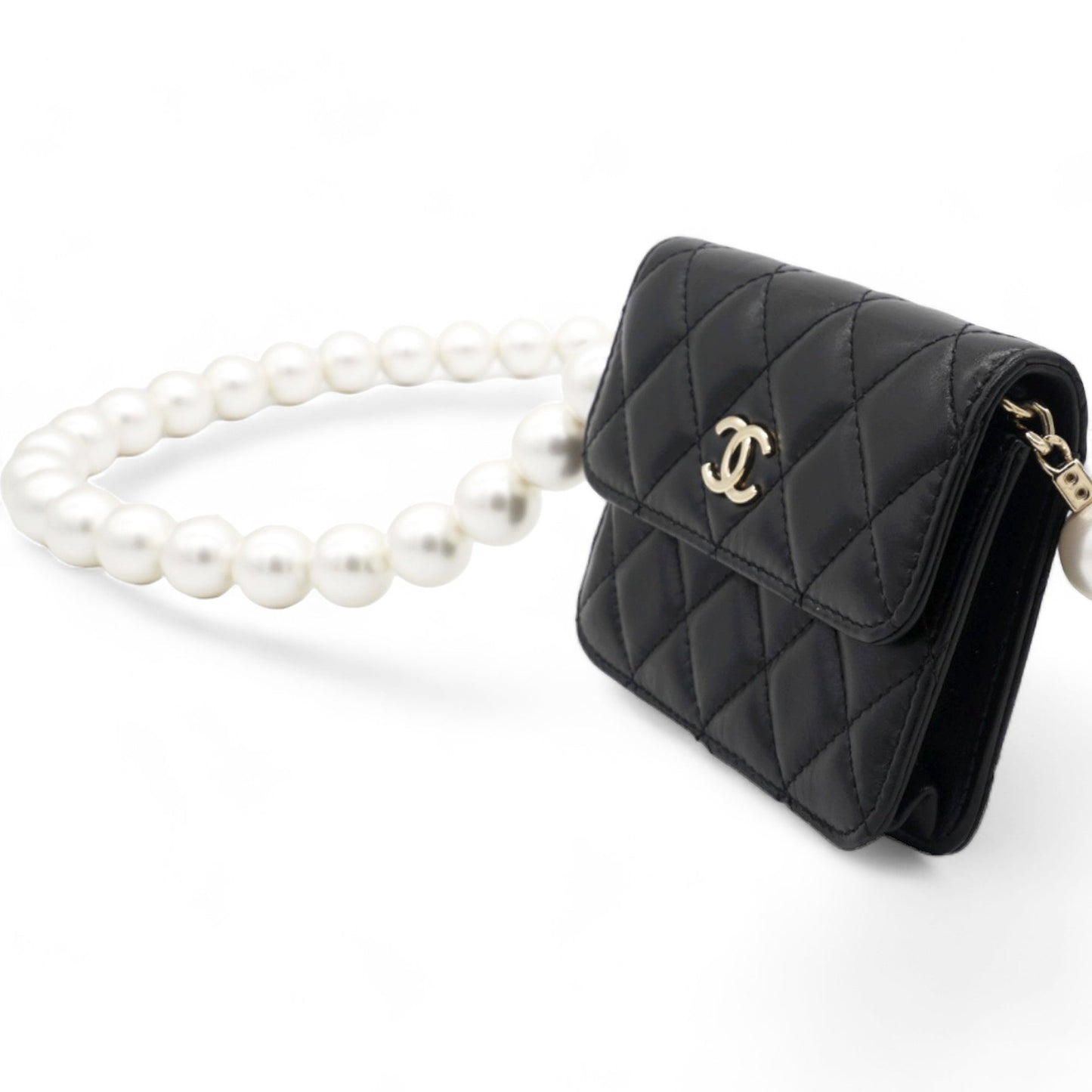 Chanel Calfskin Quilted Maxi Pearls Card Holder Flap With Chain Black