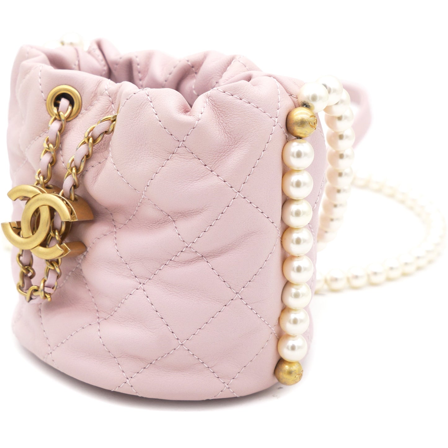 Chanel Calfskin Quilted Pearl Mini About Pearls Drawstring Bucket Light Pink