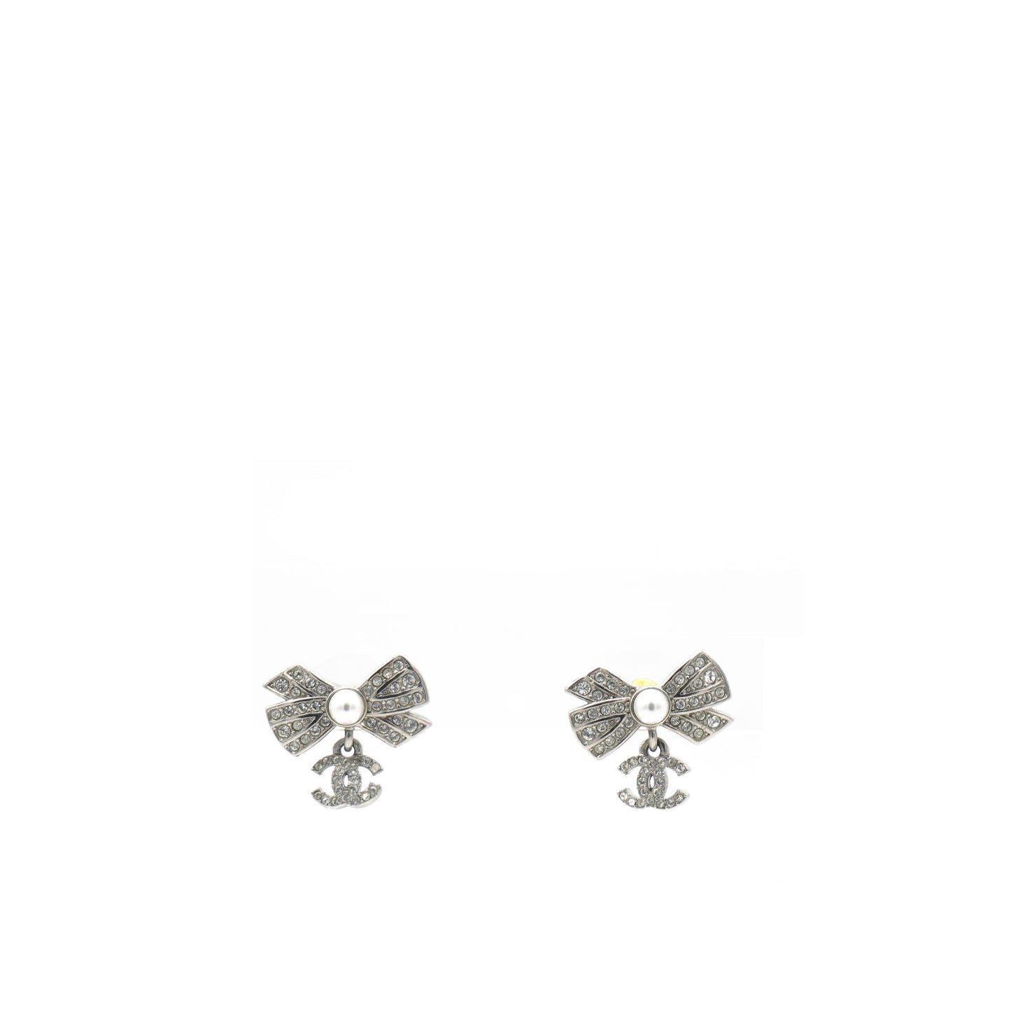 Chanel Crystal CC Bow Drop Earrings Silver