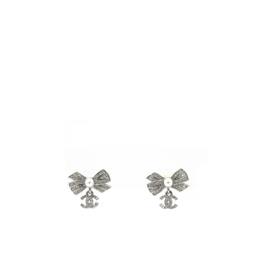 Chanel Crystal CC Bow Drop Earrings Silver