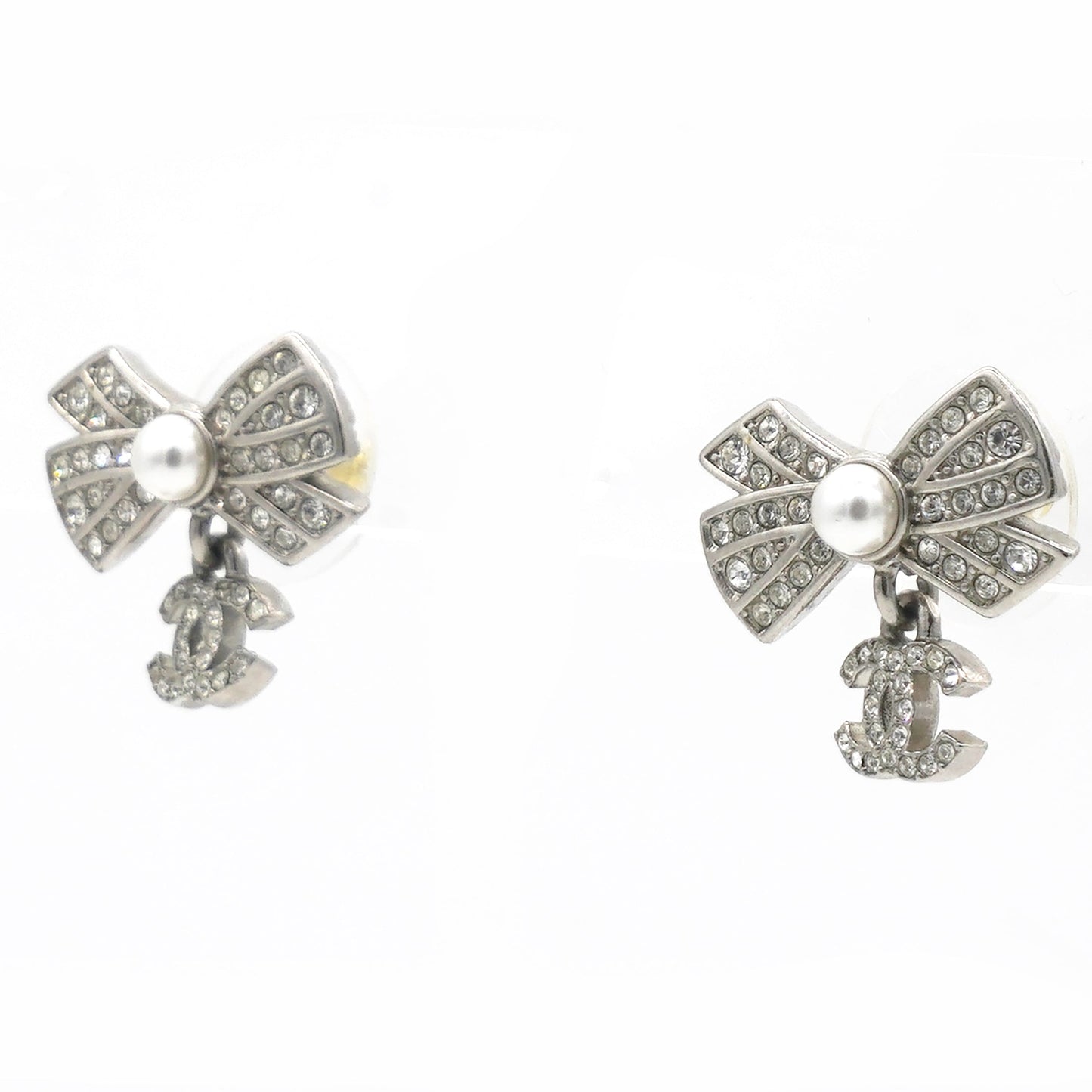 Chanel Crystal CC Bow Drop Earrings Silver