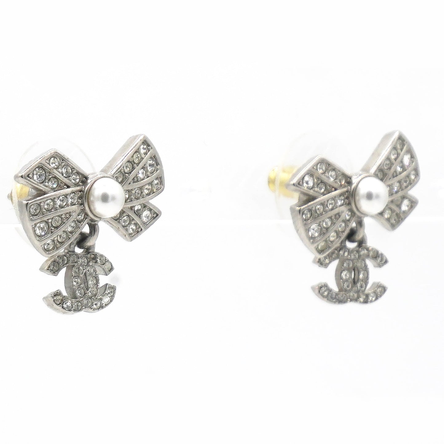 Chanel Crystal CC Bow Drop Earrings Silver