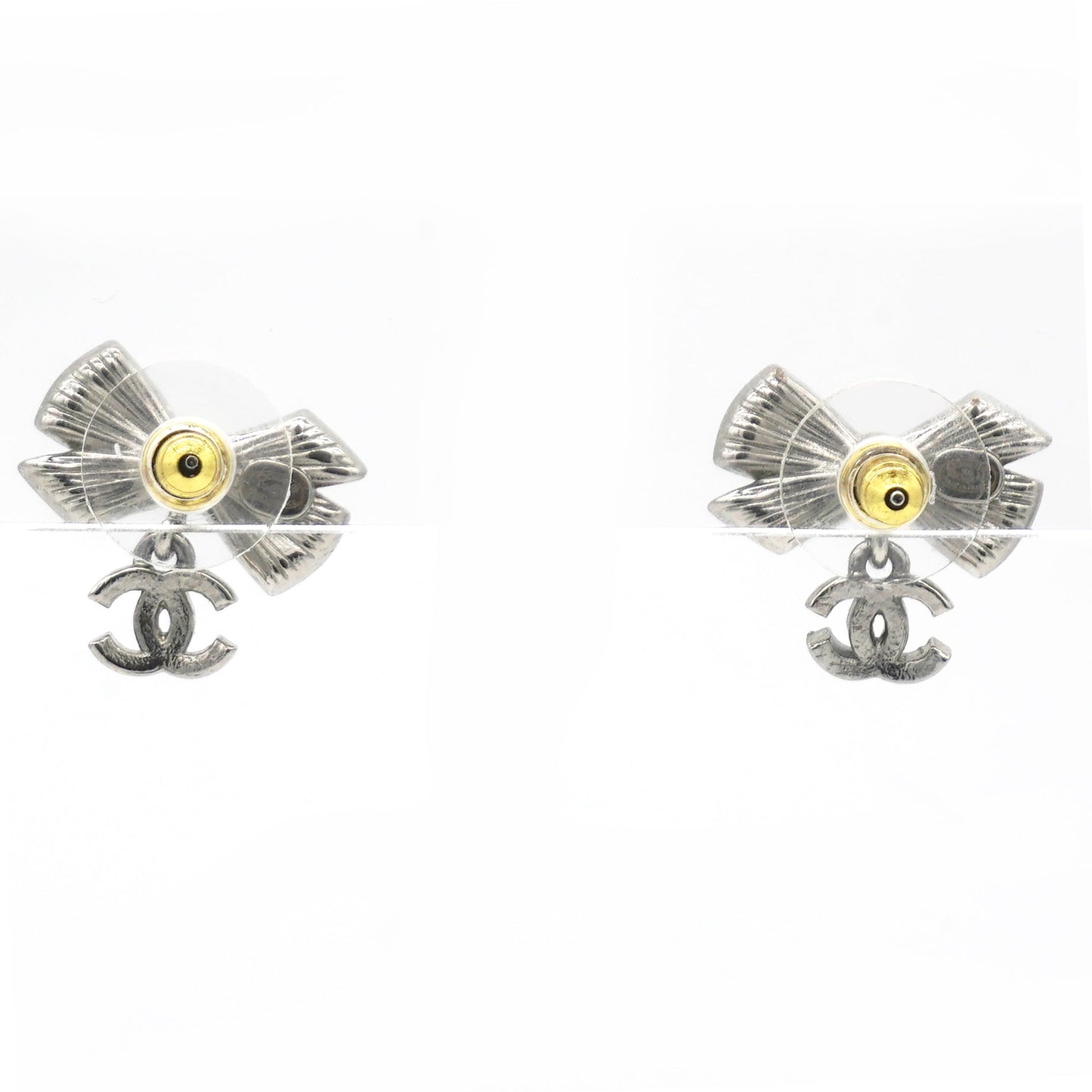 Chanel Crystal CC Bow Drop Earrings Silver