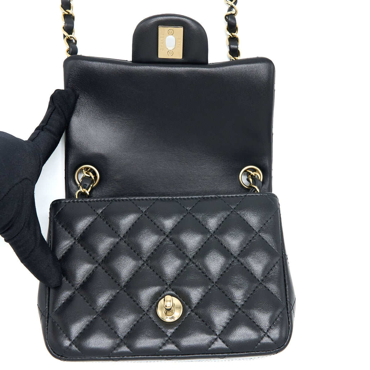 Chanel Mini Square Flap Bag Lambskin Black LGHW (Microchip)