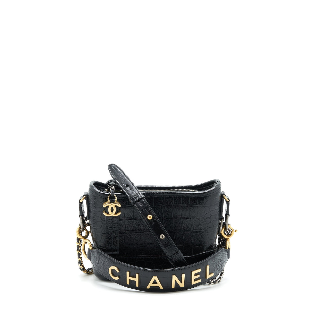 Chanel Small Gabrielle Hobo Bag Crocodile Embossed Calfskin Black Multicolour Hardware