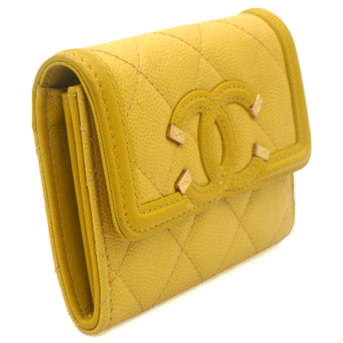Chanel Caviar Quilted Filigree Flap Card Holder Yellow