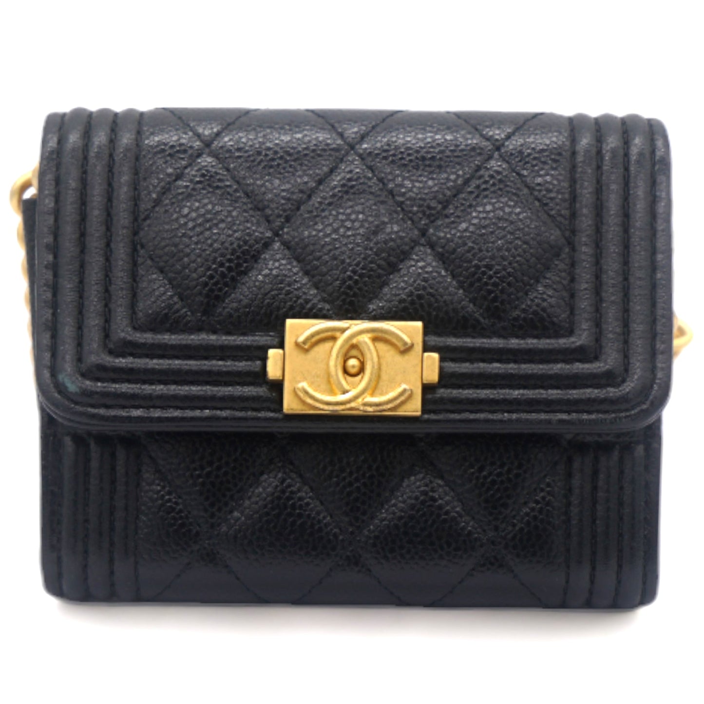 Chanel Black Caviar Leather Boy Card Holder with Chain