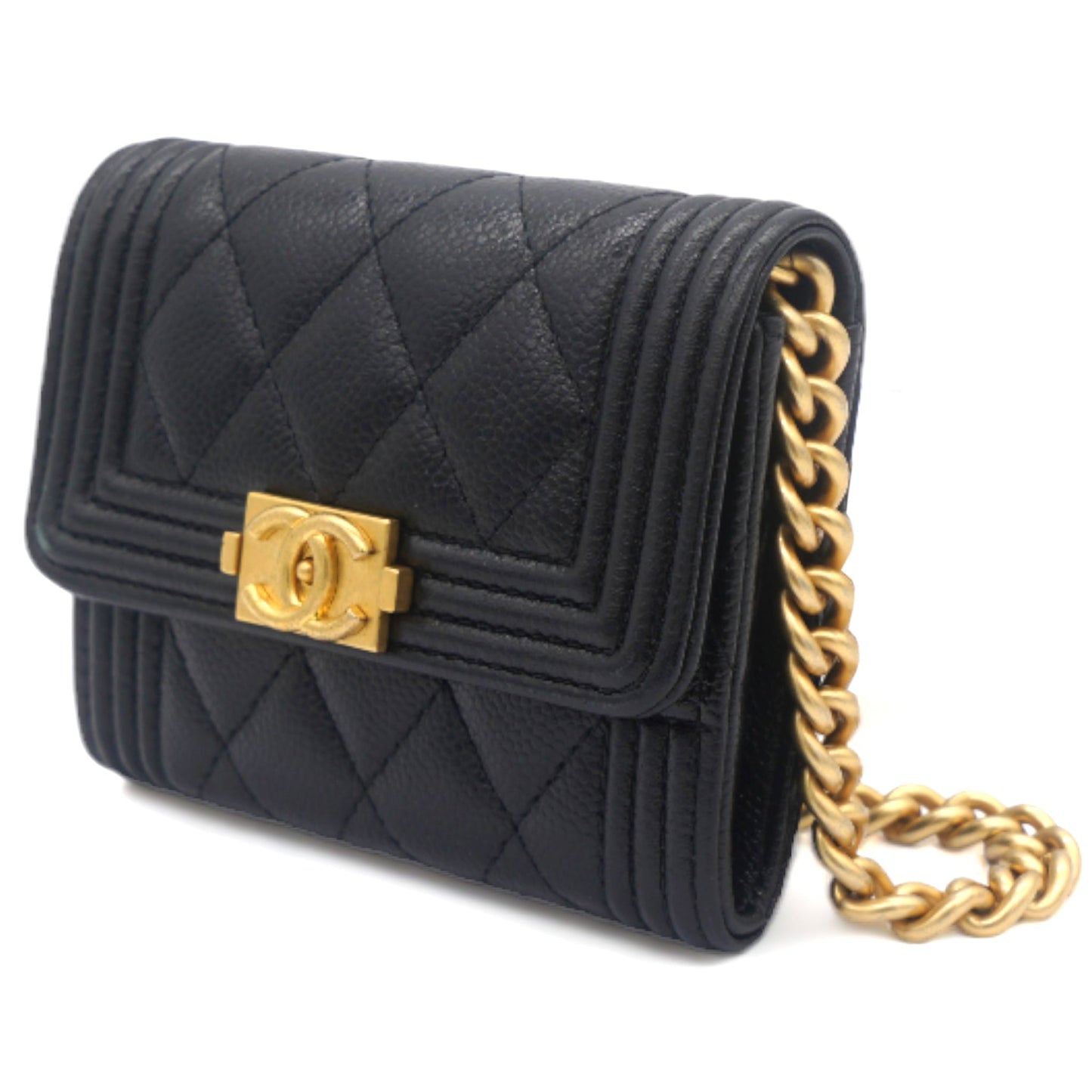 Chanel Black Caviar Leather Boy Card Holder with Chain