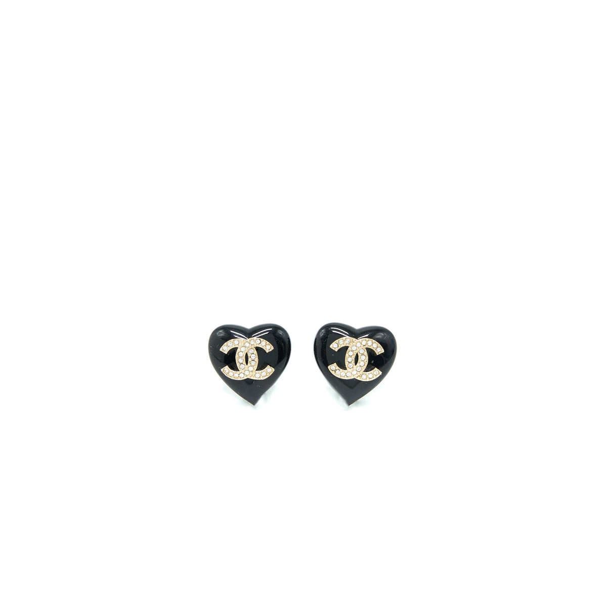 Chanel Heart Shape CC Logo Earrings Crystal Black Light Gold Tone