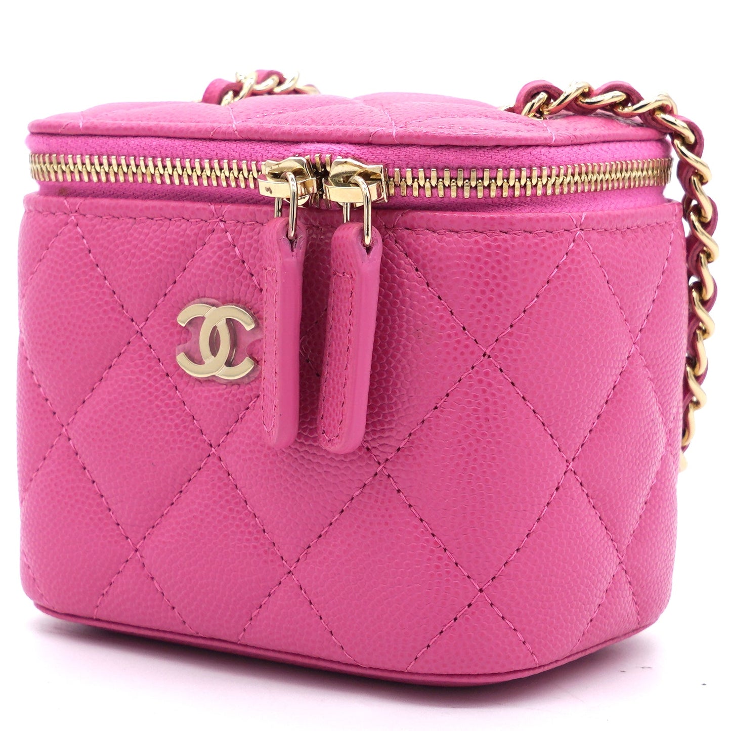 Chanel Caviar Quilted Small Vertical Coco Beauty Vanity Case With Chain Pink