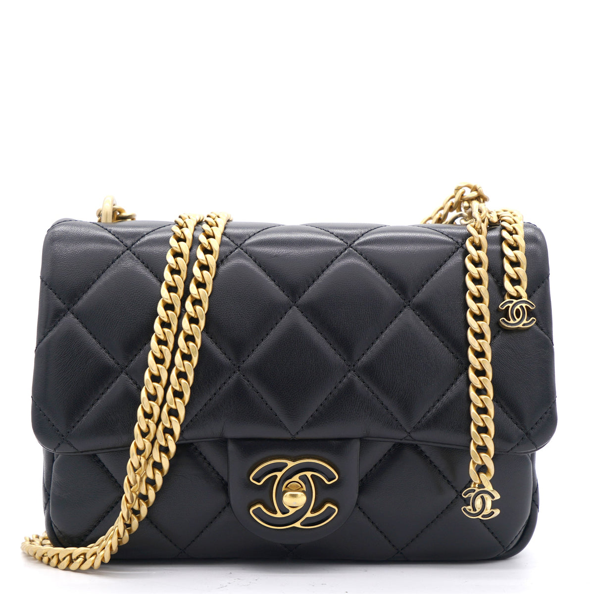 Chanel Lambskin Enamel Quilted Pending CC Mini Square Flap Black