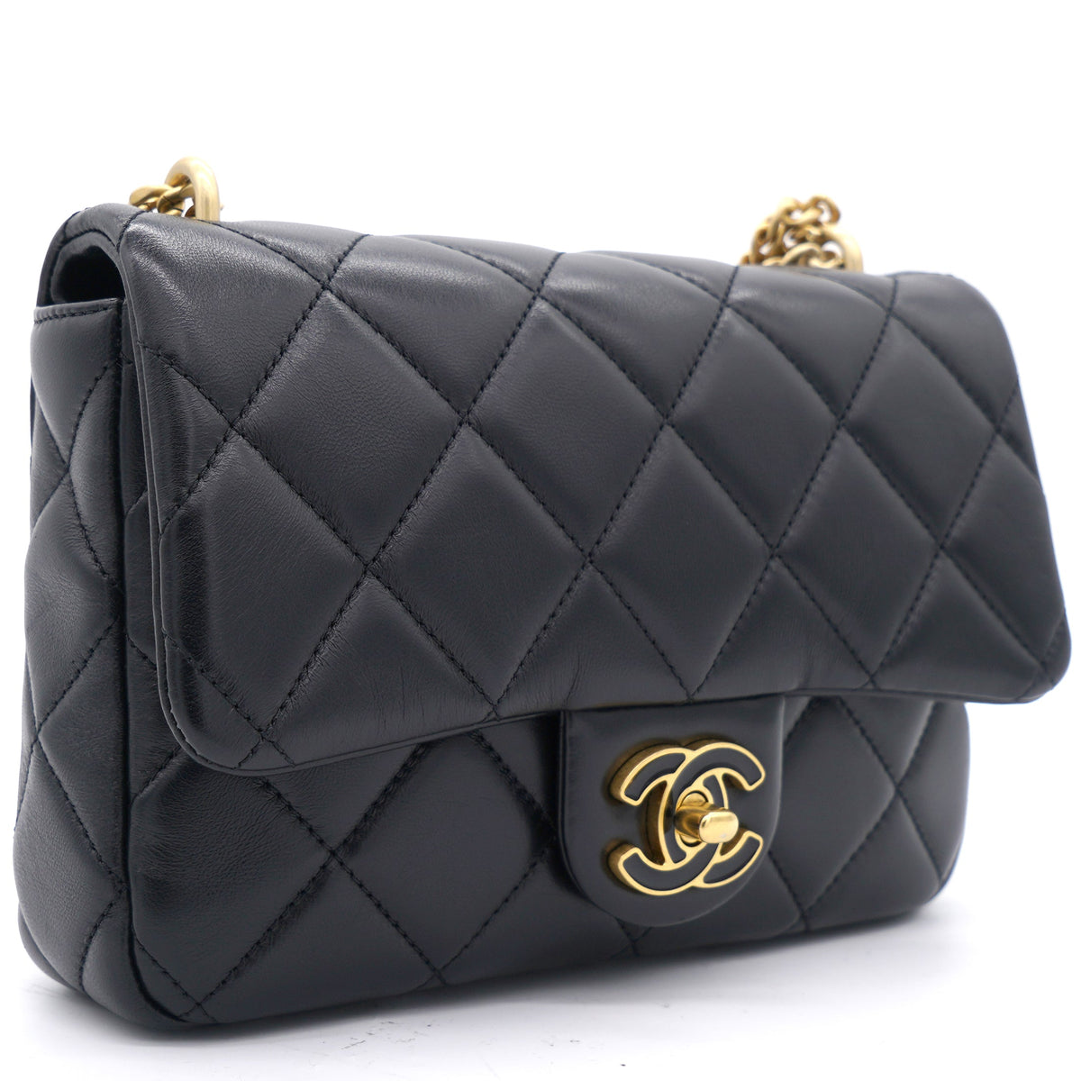 Chanel Lambskin Enamel Quilted Pending CC Mini Square Flap Black