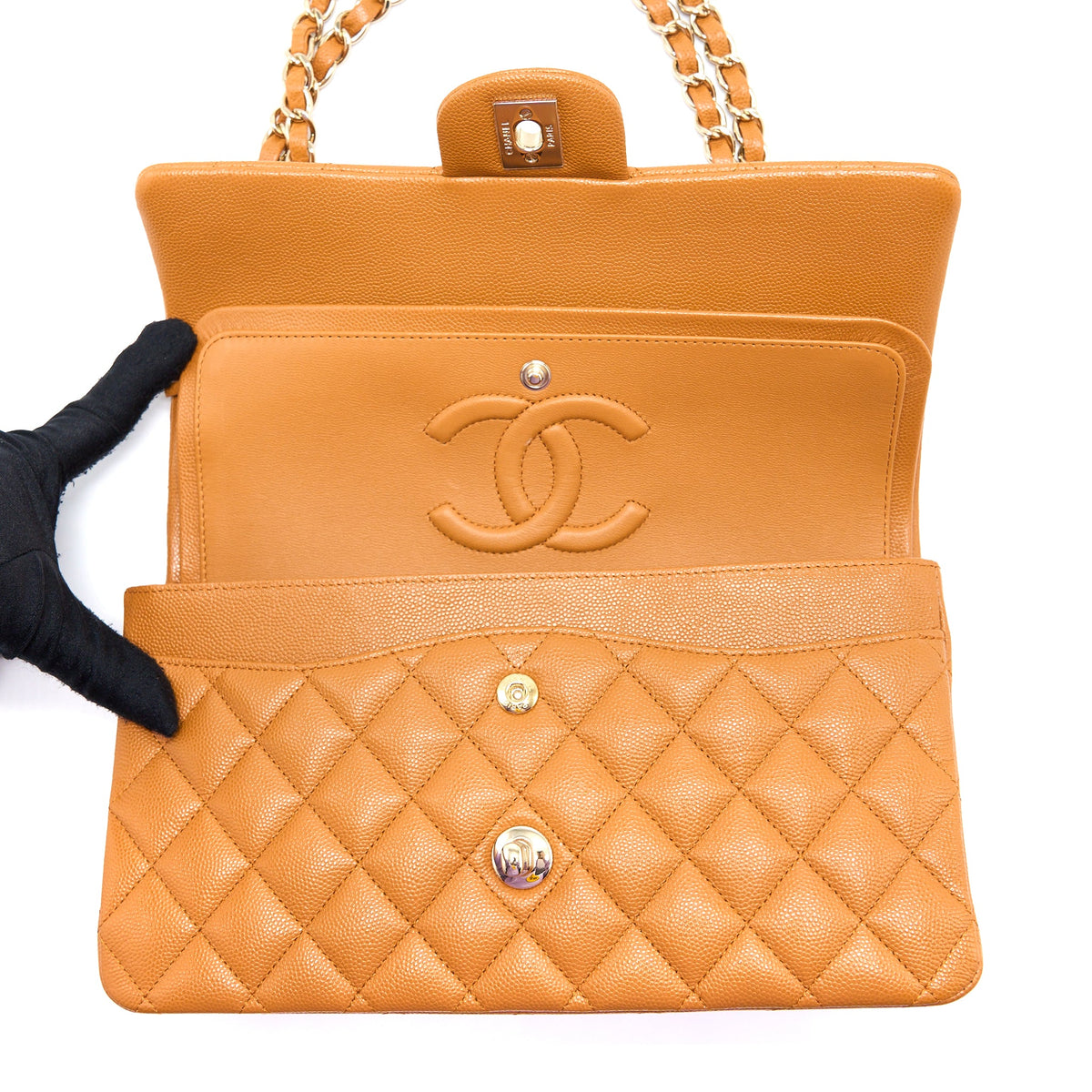 Chanel Medium Classic Double Flap Bag Caviar Caramel LGHW (Microchip)